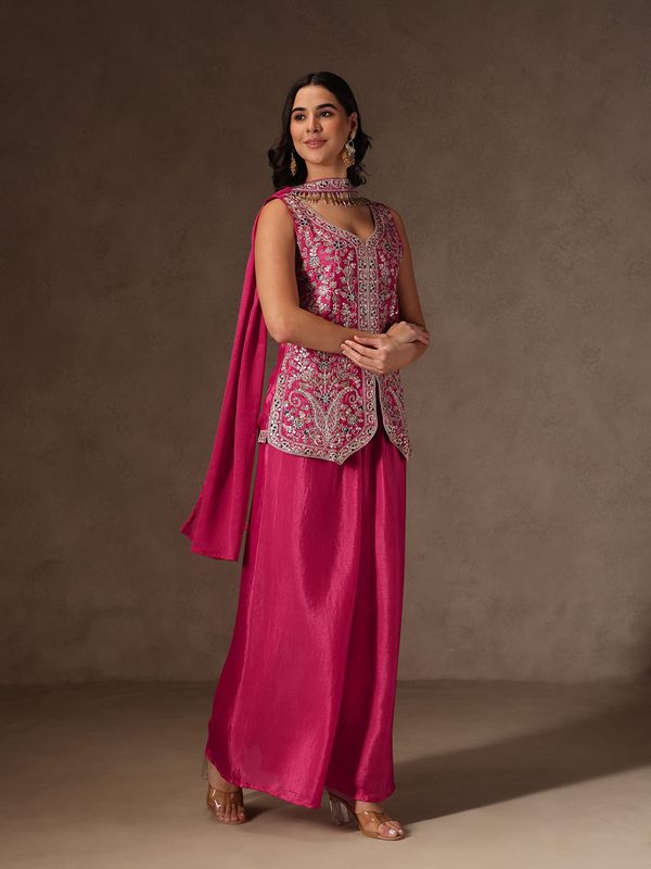 Magenta Chinon Sharara Set with Heavy Floral Embroidery for Women