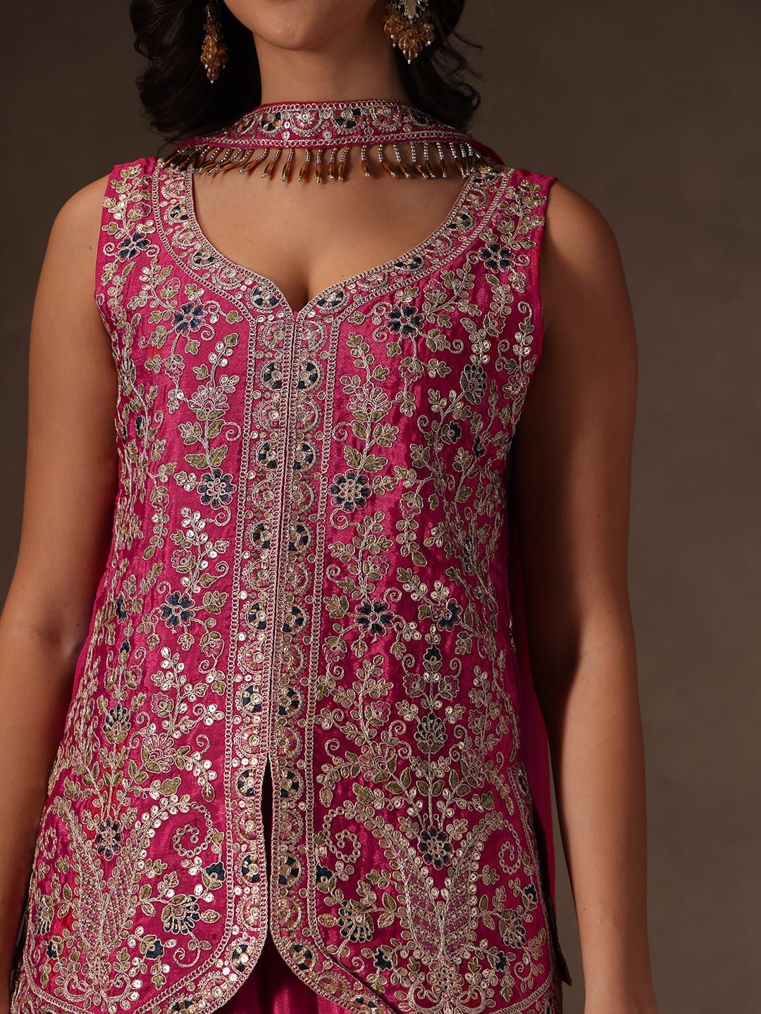 Magenta Chinon Sharara Set with Heavy Floral Embroidery for Women