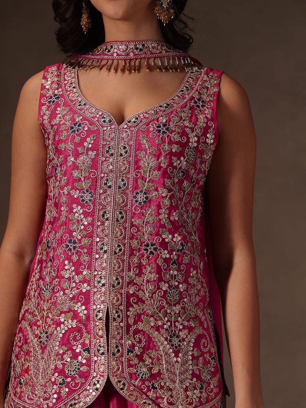 Magenta Chinon Sharara Set with Heavy Floral Embroidery for Women