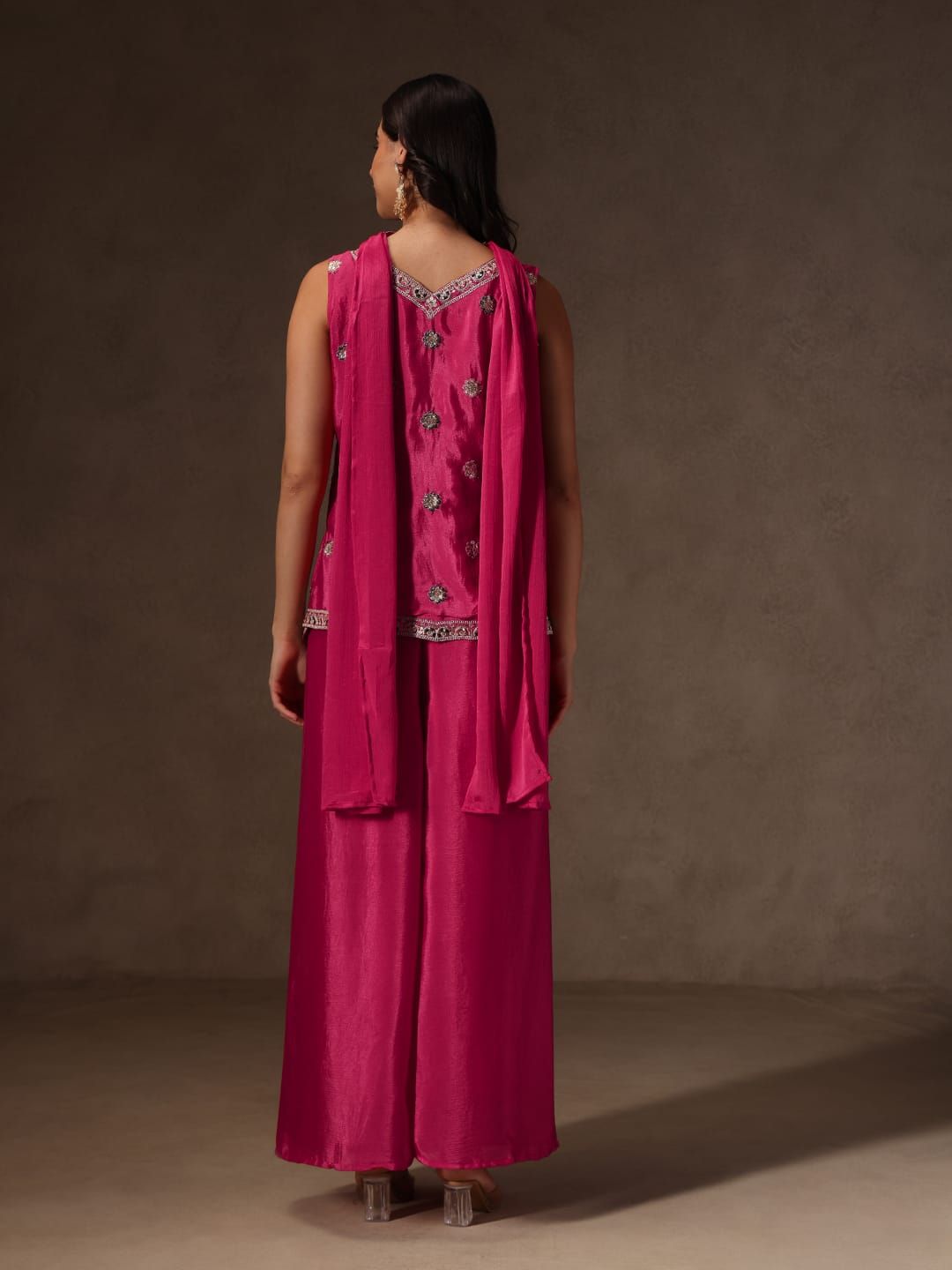 Magenta Chinon Sharara Set with Heavy Floral Embroidery for Women