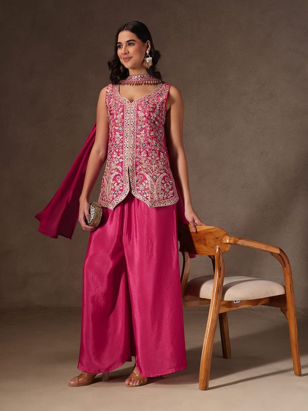 Magenta Chinon Sharara Set with Heavy Floral Embroidery for Women