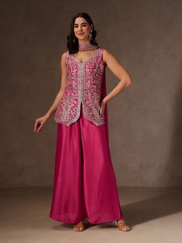 Magenta Chinon Sharara Set with Heavy Floral Embroidery for Women