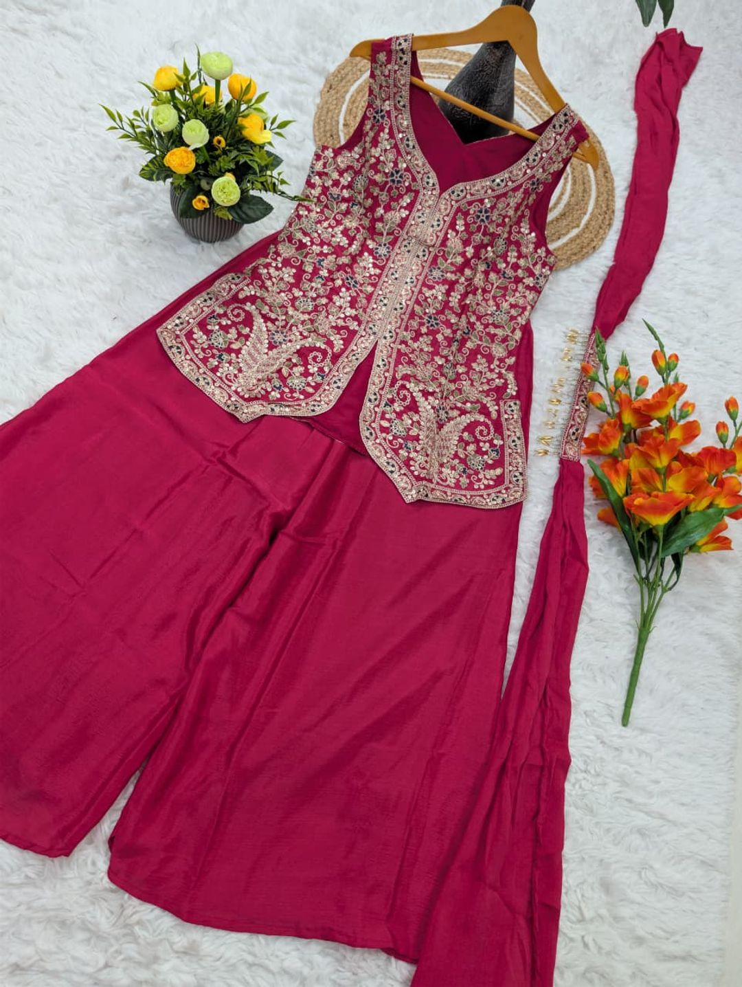 Magenta Chinon Sharara Set with Heavy Floral Embroidery for Women