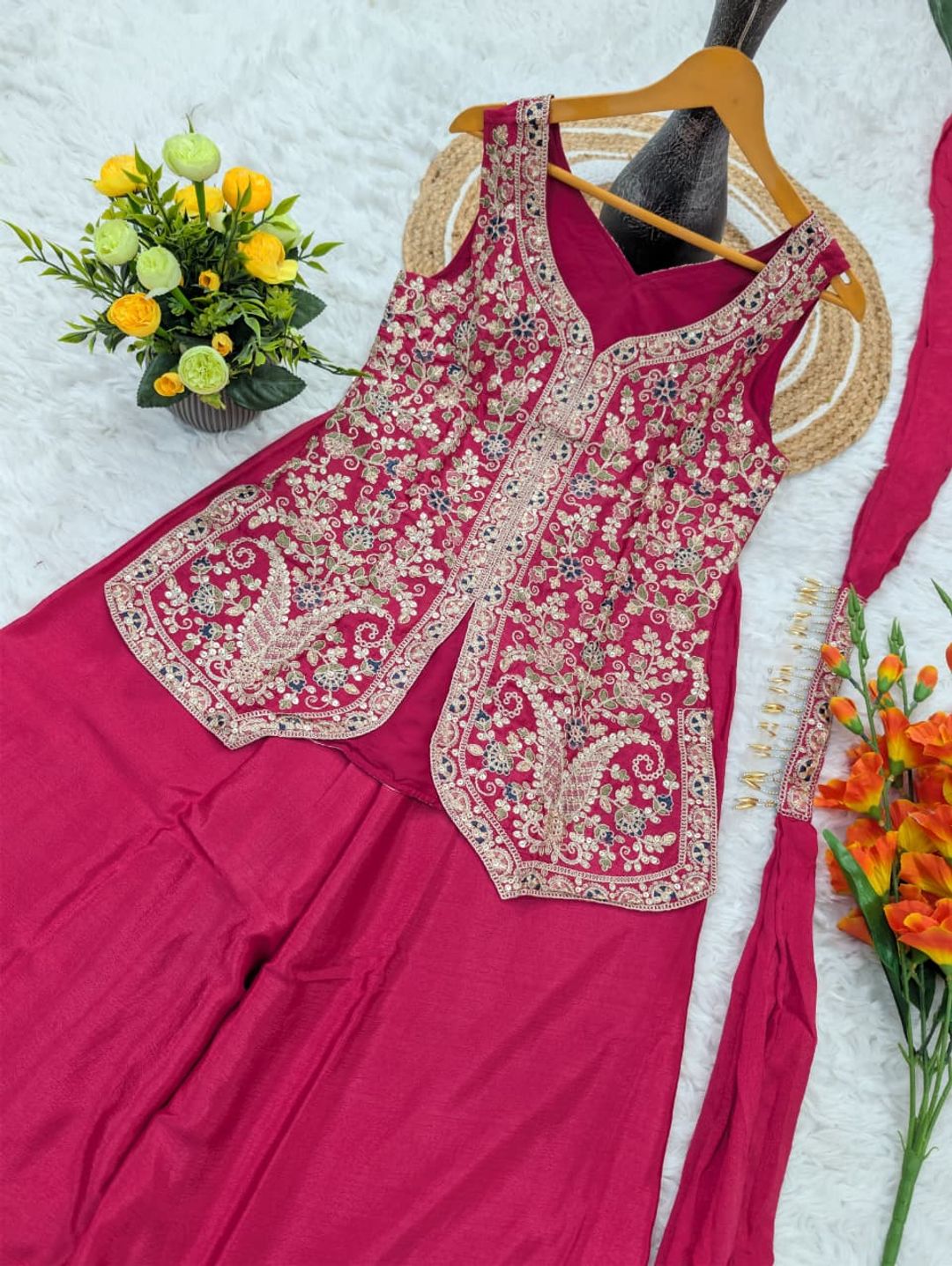 Magenta Chinon Sharara Set with Heavy Floral Embroidery for Women