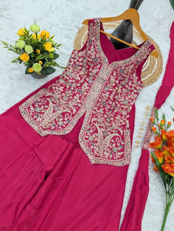Magenta Chinon Sharara Set with Heavy Floral Embroidery for Women