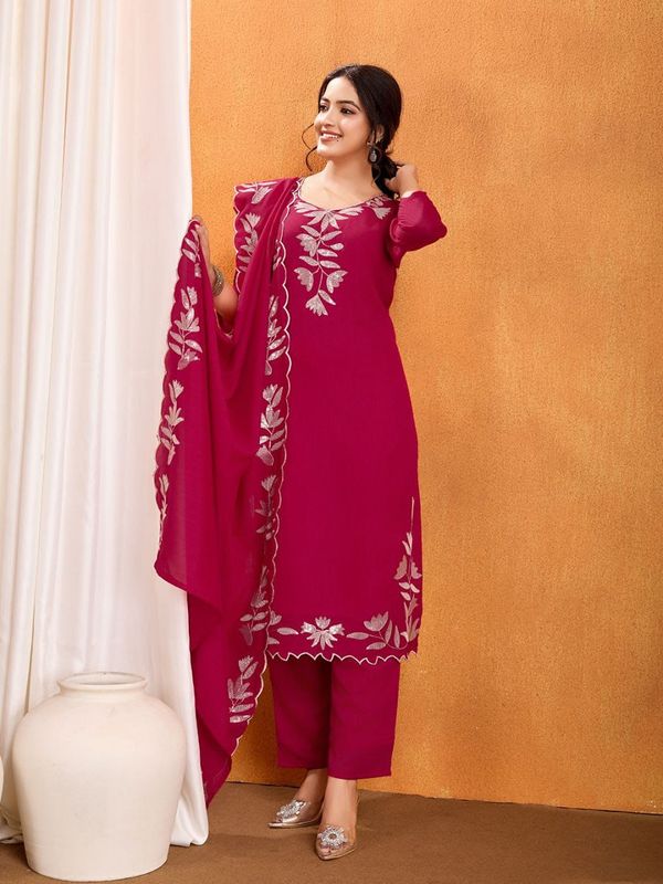 Rani Pink Vichitra Silk Embroidered Kurta Set with Dupatta