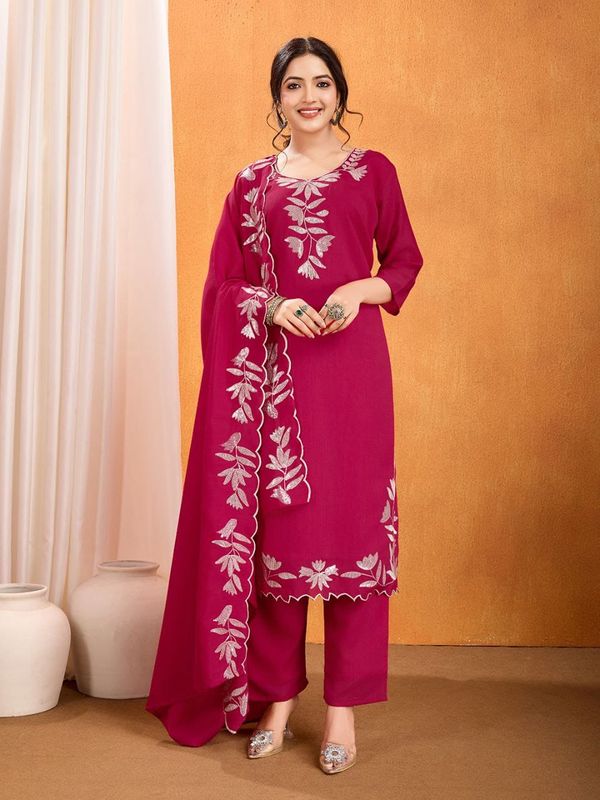 Rani Pink Vichitra Silk Embroidered Kurta Set with Dupatta