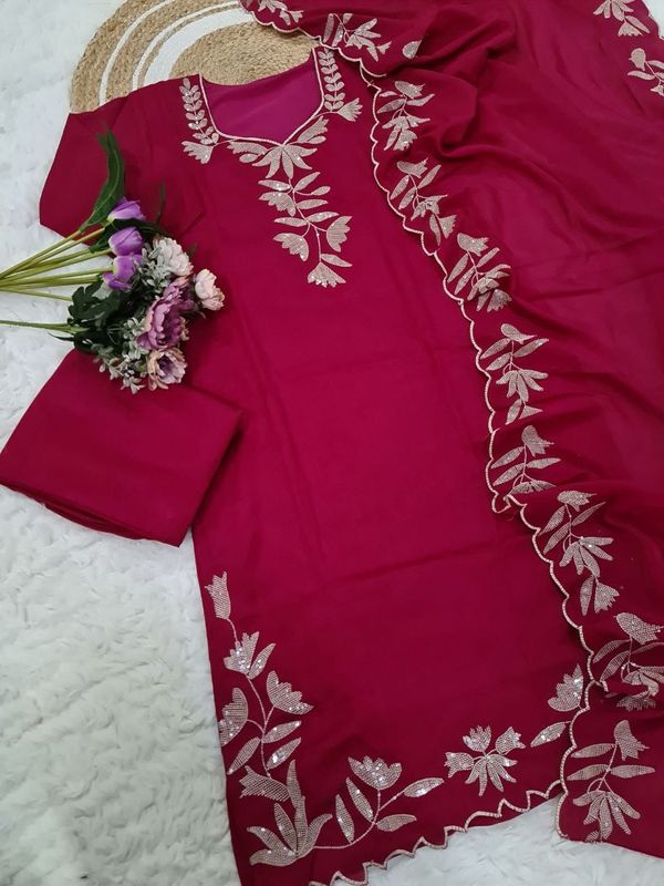 Rani Pink Vichitra Silk Embroidered Kurta Set with Dupatta