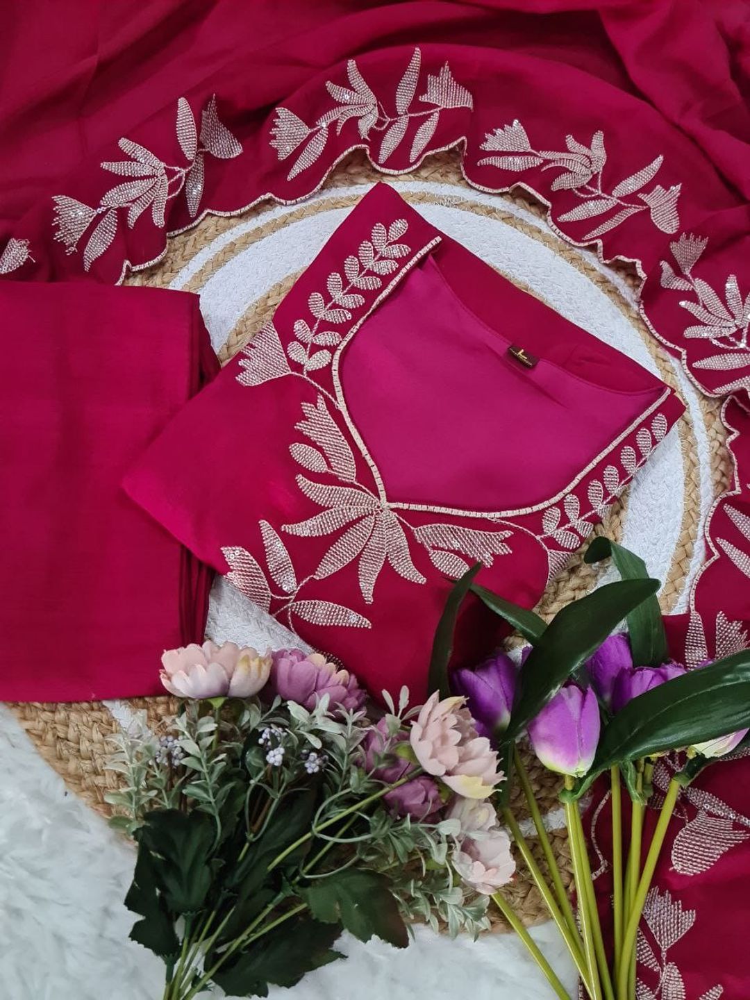 Rani Pink Vichitra Silk Embroidered Kurta Set with Dupatta