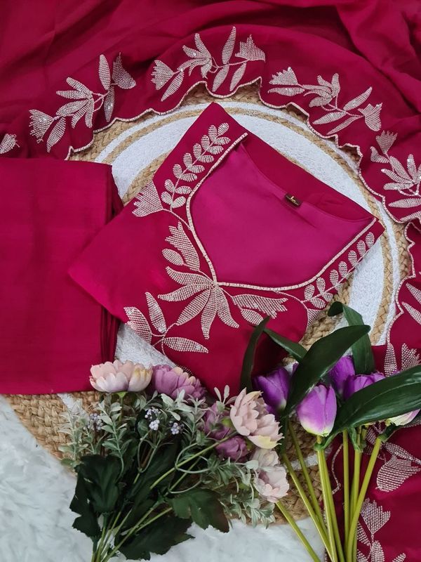 Rani Pink Vichitra Silk Embroidered Kurta Set with Dupatta