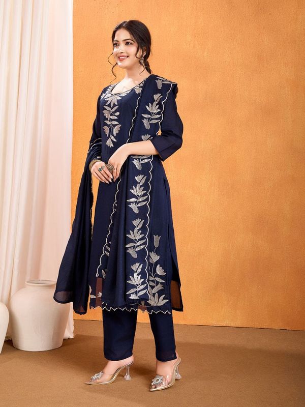 Navy Blue Vichitra Silk Embroidered Kurta Pant Set