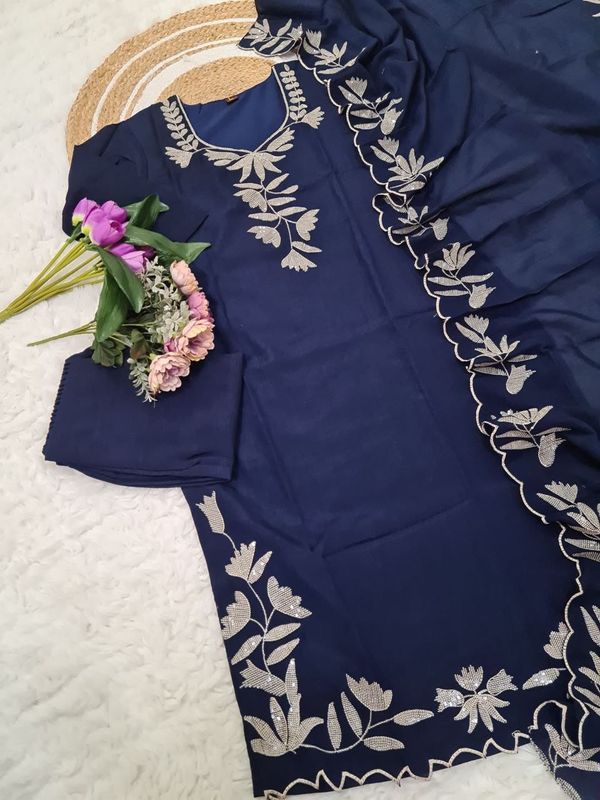 Navy Blue Vichitra Silk Embroidered Kurta Pant Set
