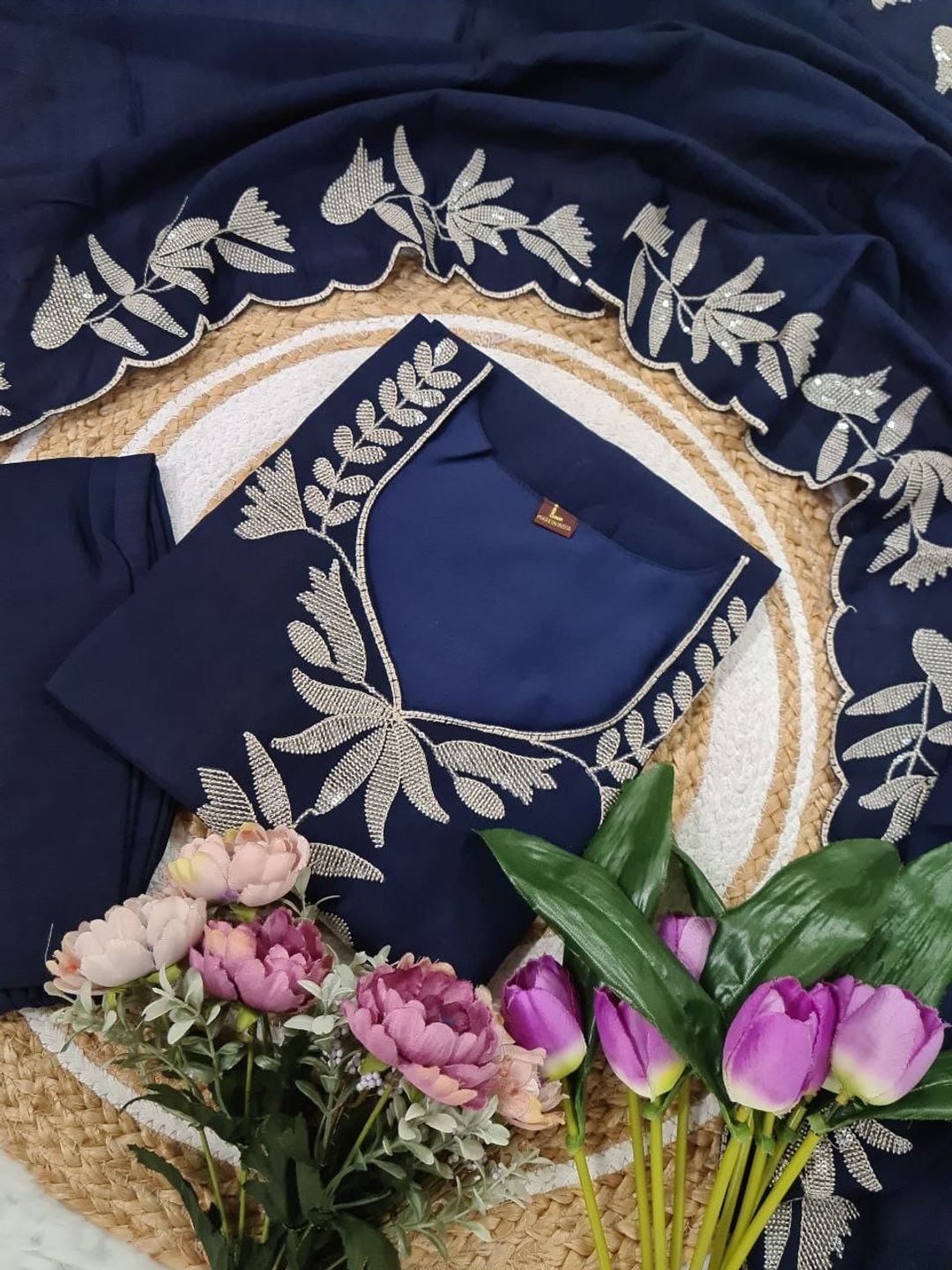 Navy Blue Vichitra Silk Embroidered Kurta Pant Set