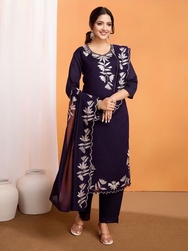 Purple Vichitra Silk Embroidered Kurta Pant Set for Women