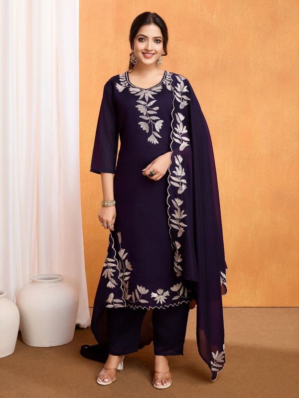 Purple Vichitra Silk Embroidered Kurta Pant Set for Women