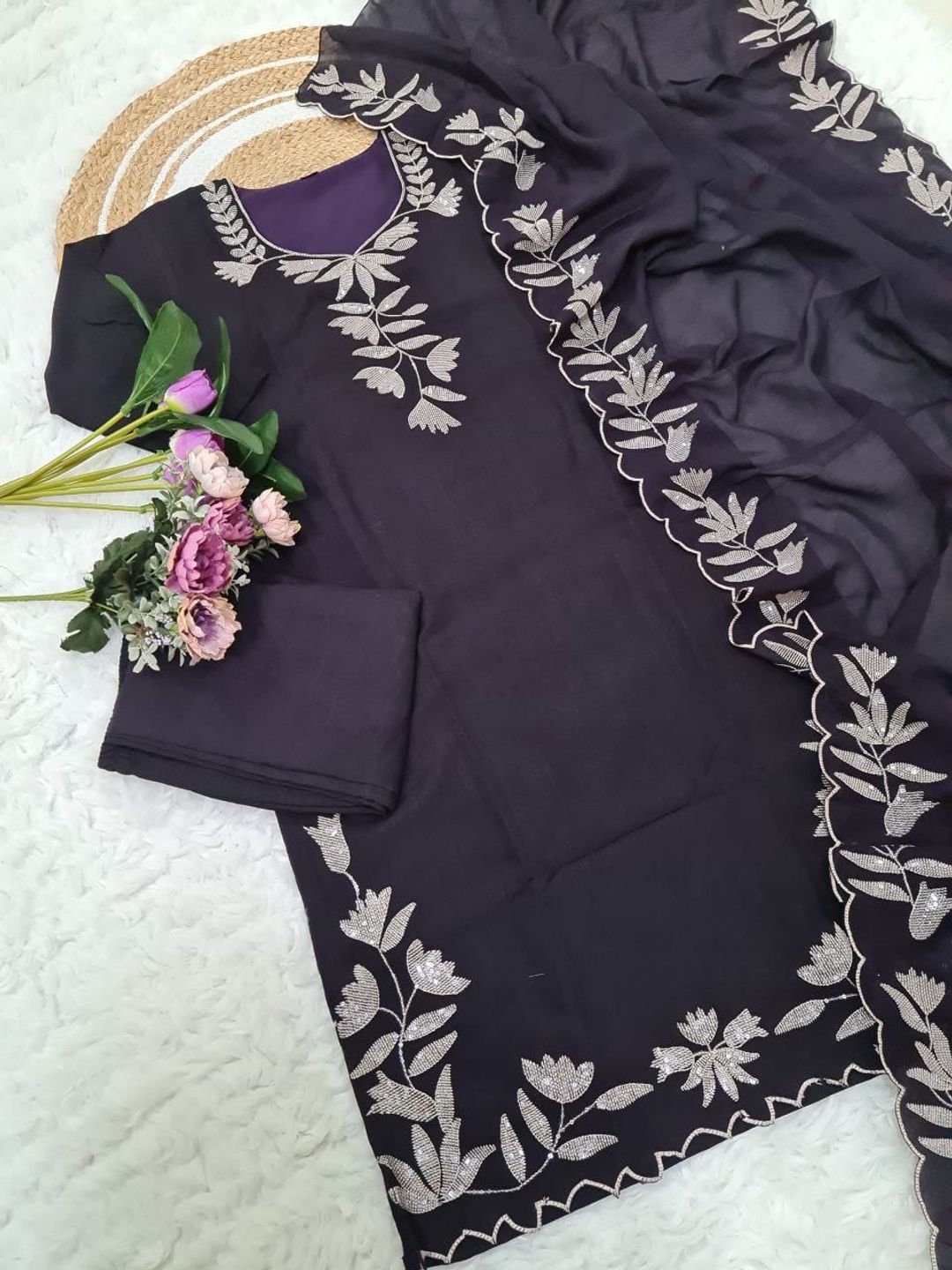 Purple Vichitra Silk Embroidered Kurta Pant Set for Women