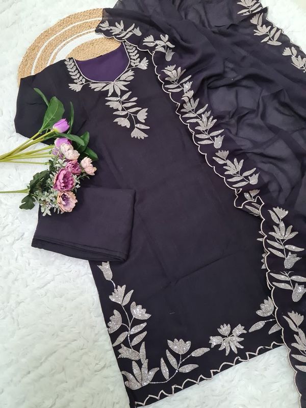 Purple Vichitra Silk Embroidered Kurta Pant Set for Women