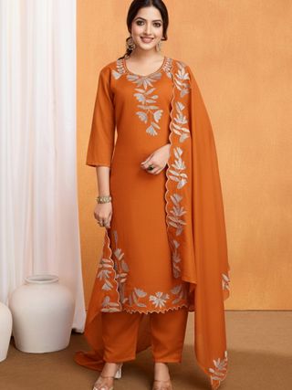 Rust Orange Vichitra Silk Embroidered Kurta Pant Set