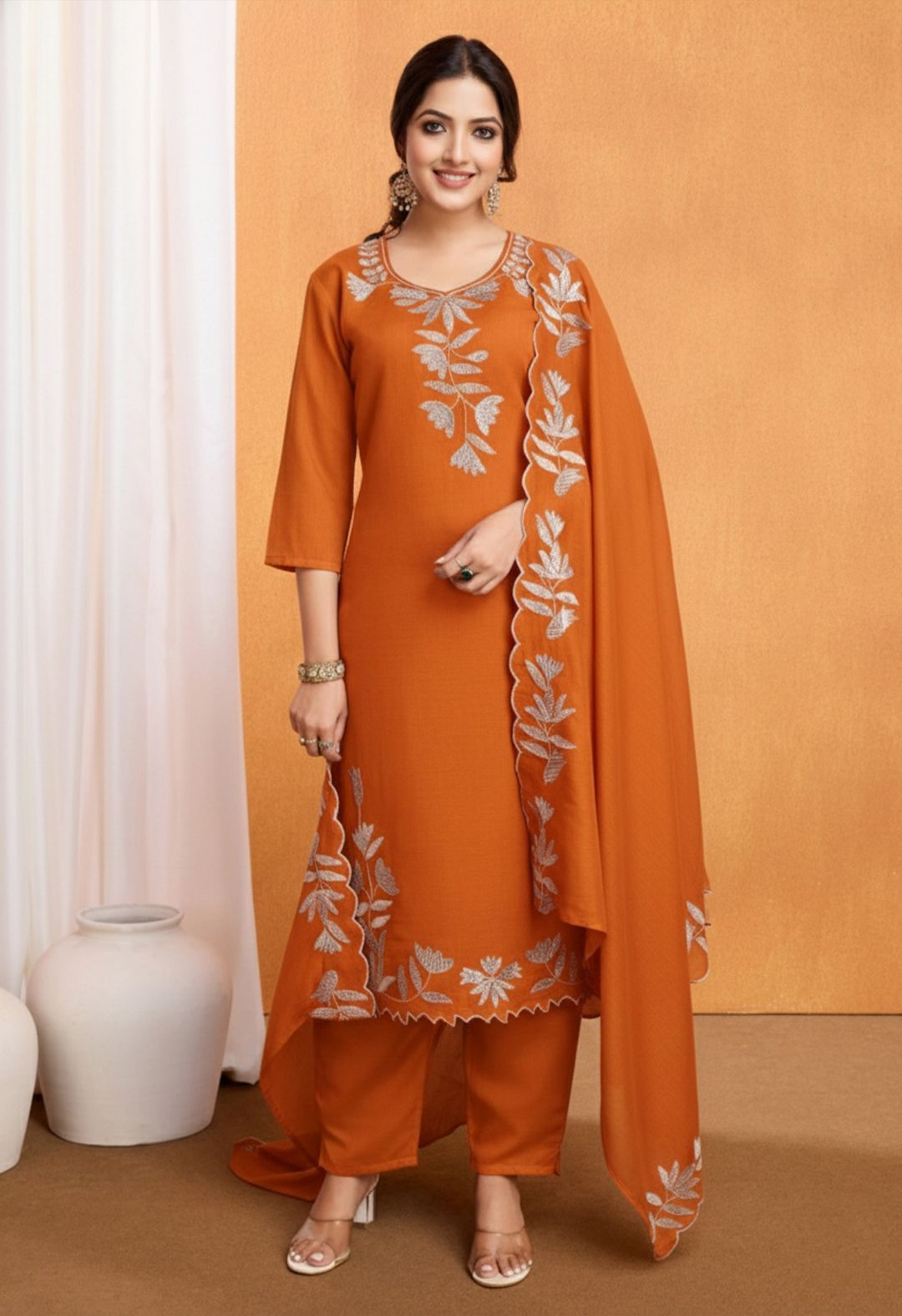Rust Orange Vichitra Silk Embroidered Kurta Pant Set