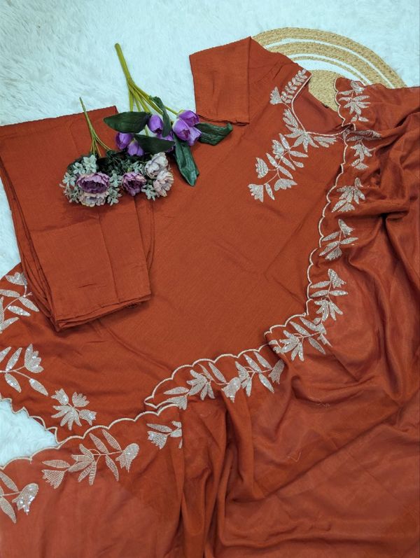 Rust Orange Vichitra Silk Embroidered Kurta Pant Set