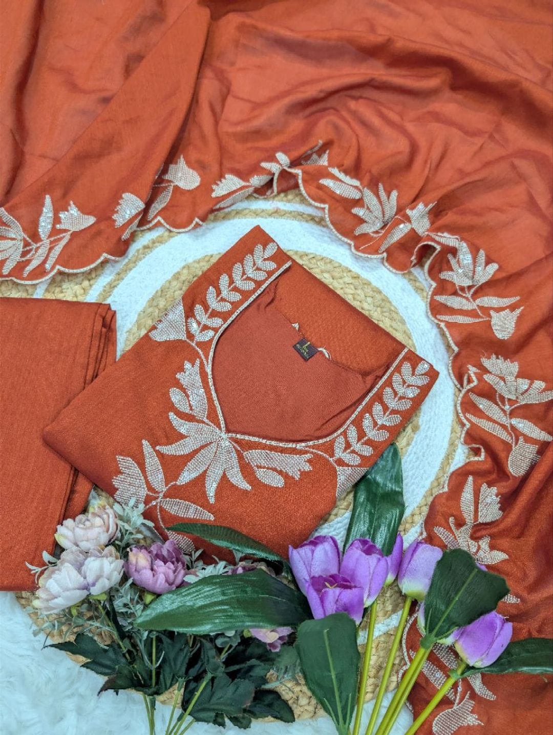 Rust Orange Vichitra Silk Embroidered Kurta Pant Set