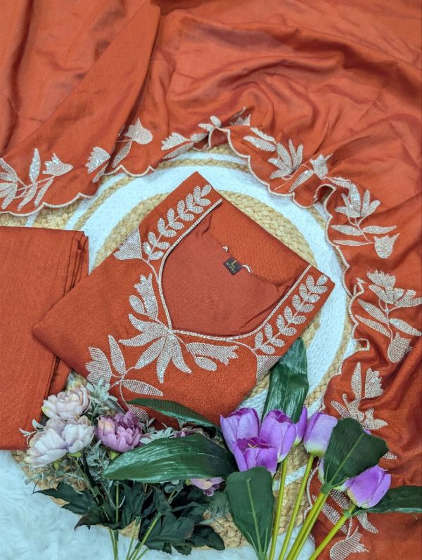 Rust Orange Vichitra Silk Embroidered Kurta Pant Set