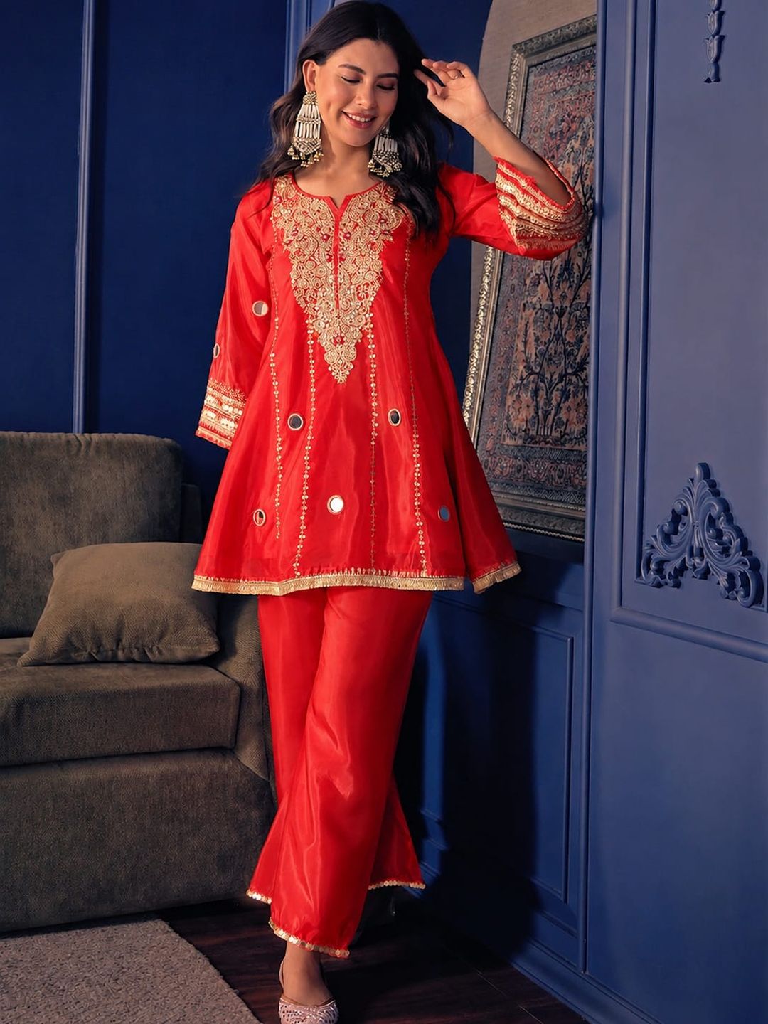 Jelina Red Silk Crepe Kurti with Palazzo & Mirror Work