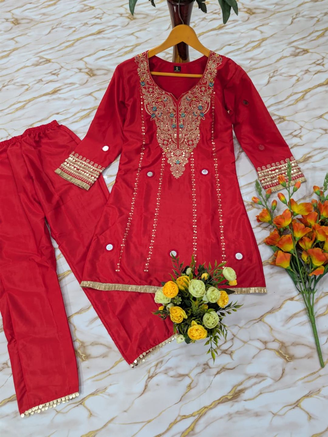 Jelina Red Silk Crepe Kurti with Palazzo & Mirror Work