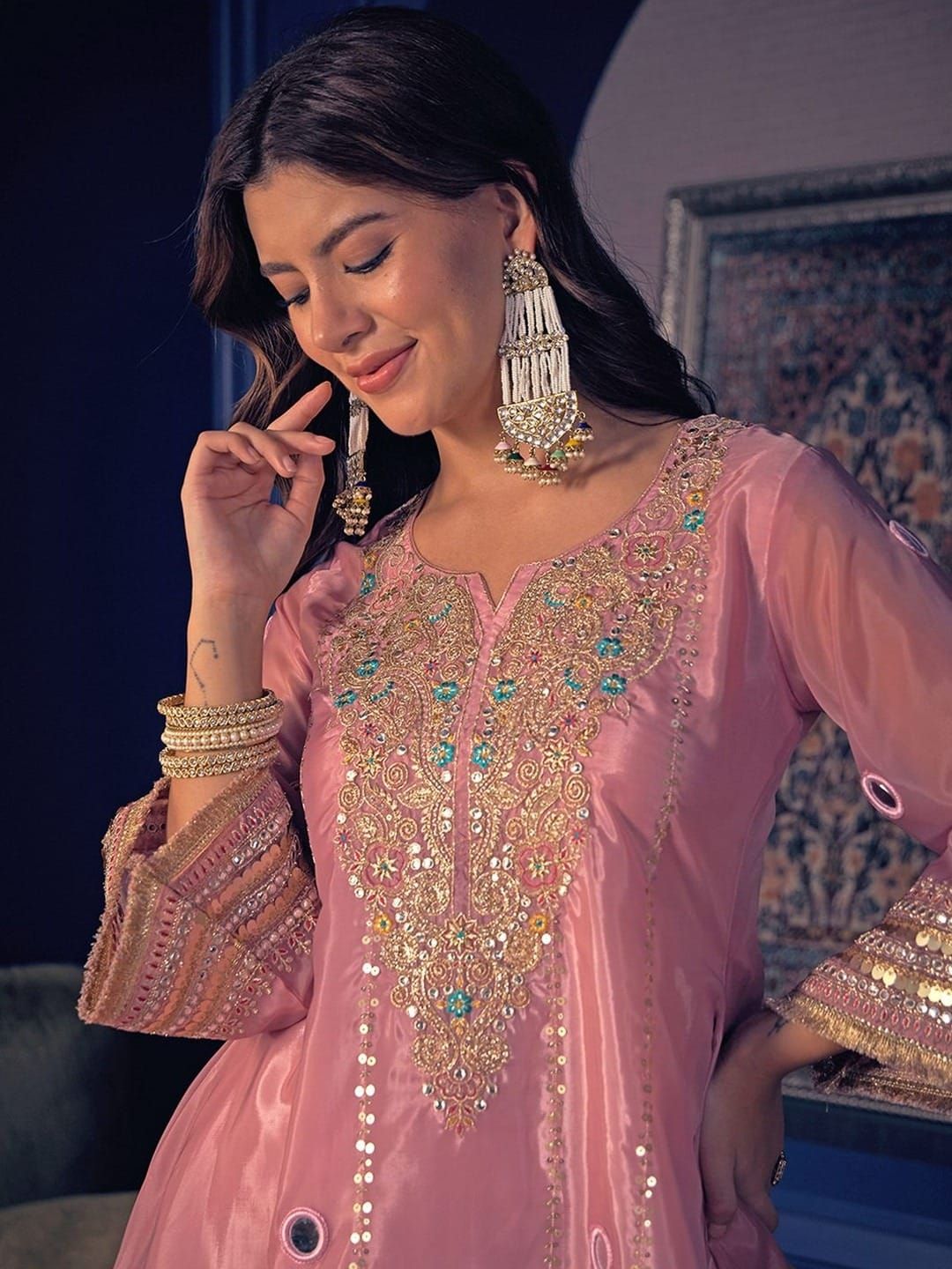 Jelina Pink Silk Crepe Kurti Set with Mirror Work