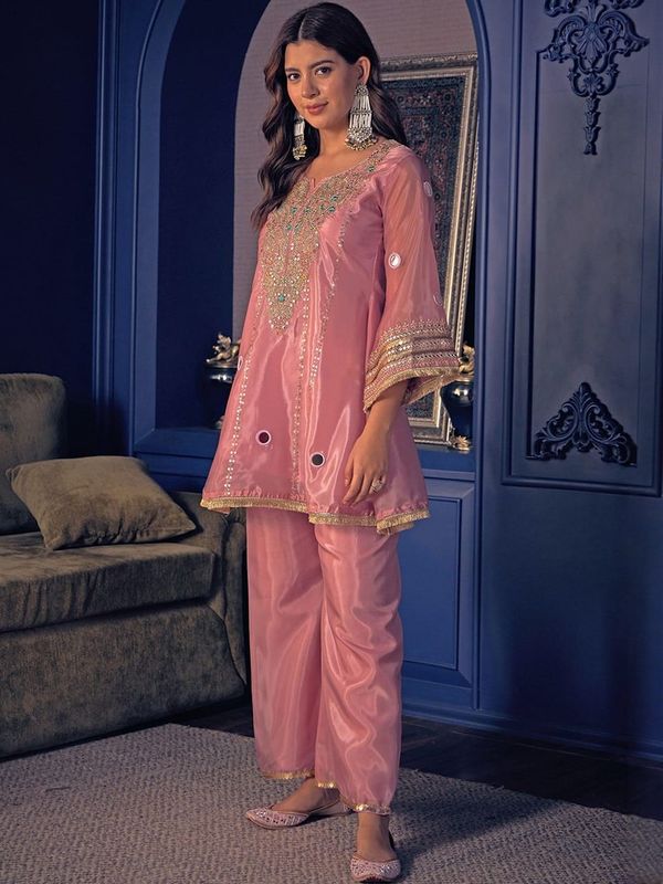 Jelina Pink Silk Crepe Kurti Set with Mirror Work