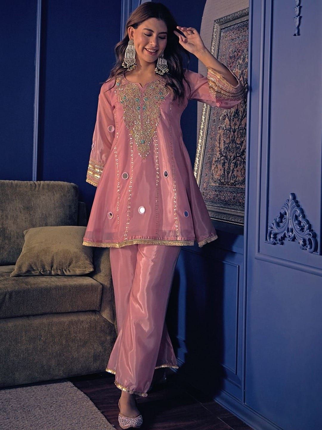 Jelina Pink Silk Crepe Kurti Set with Mirror Work