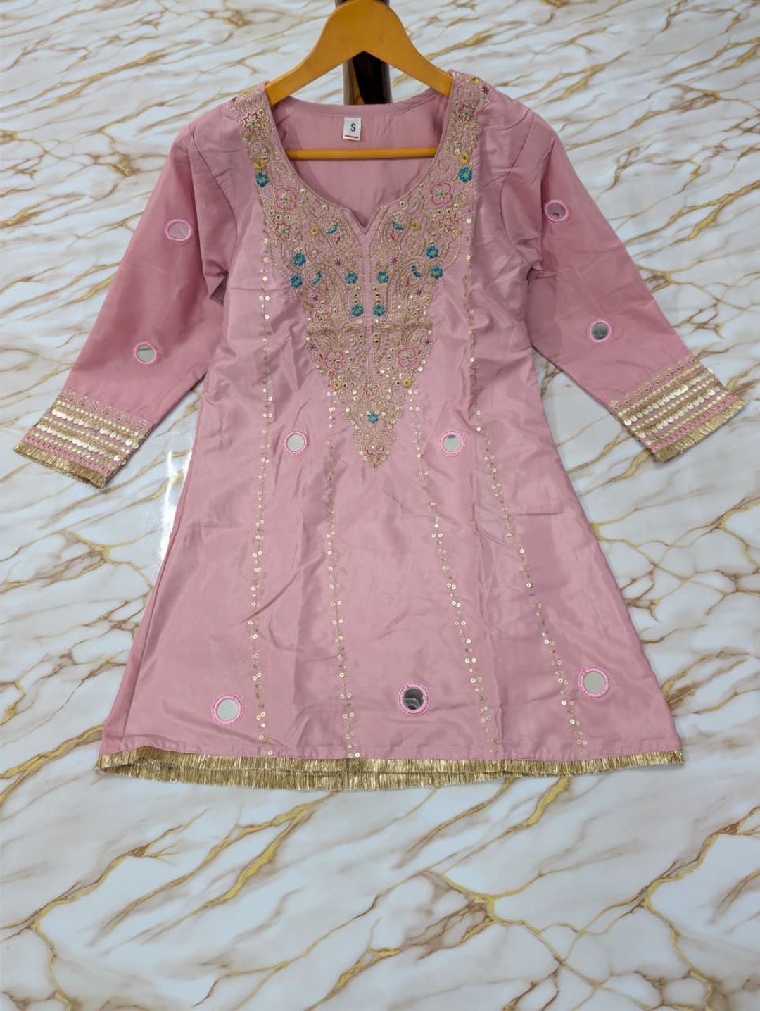Jelina Pink Silk Crepe Kurti Set with Mirror Work