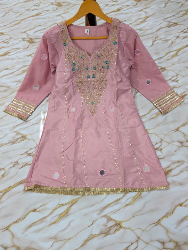 Jelina Pink Silk Crepe Kurti Set with Mirror Work