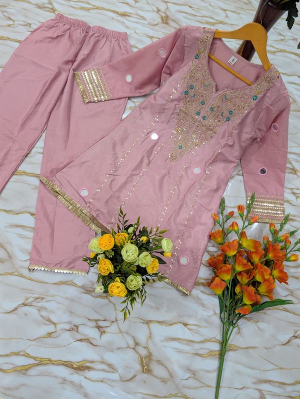 Jelina Pink Silk Crepe Kurti Set with Mirror Work