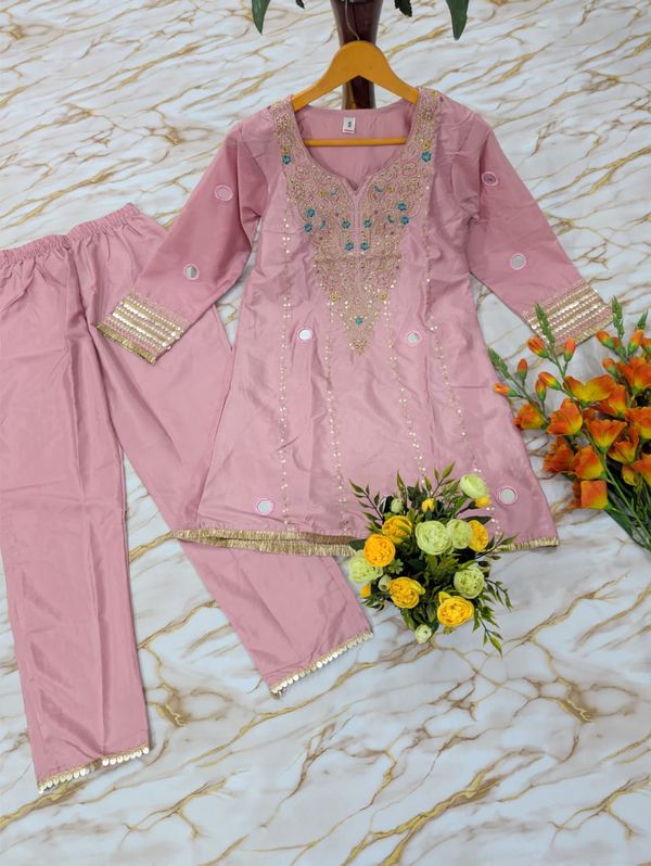 Jelina Pink Silk Crepe Kurti Set with Mirror Work
