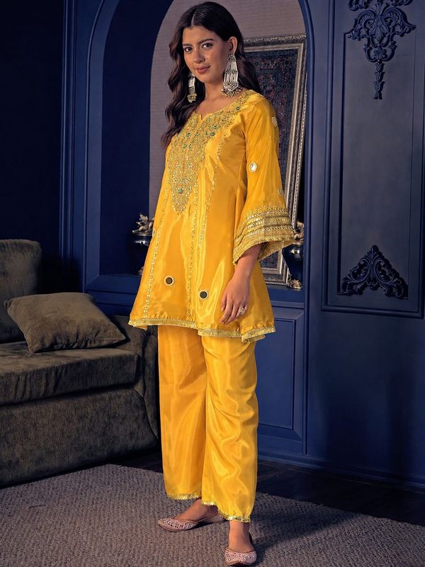 Jelina Mustard Yellow Silk Crepe Kurti Set Online