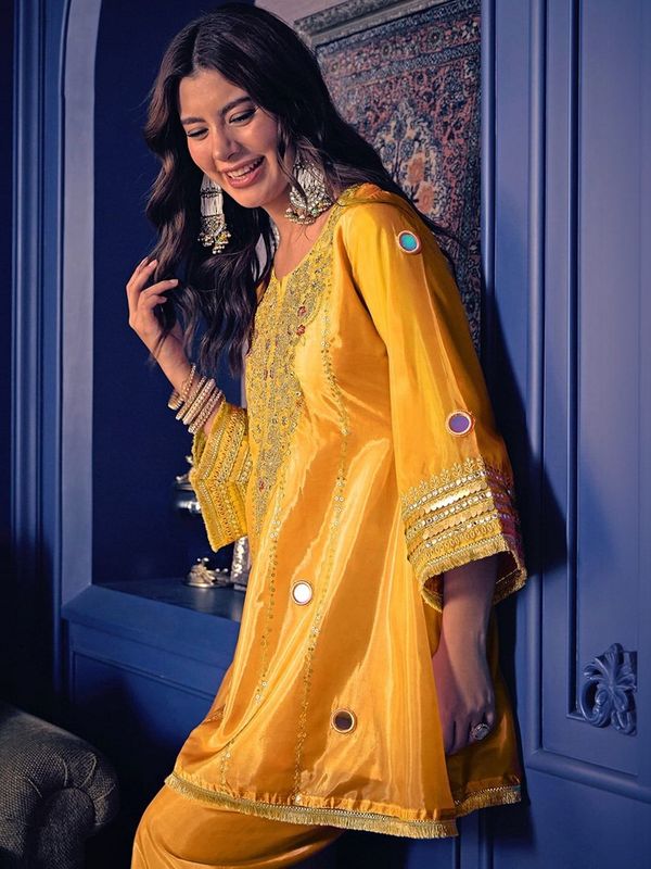 Jelina Mustard Yellow Silk Crepe Kurti Set Online