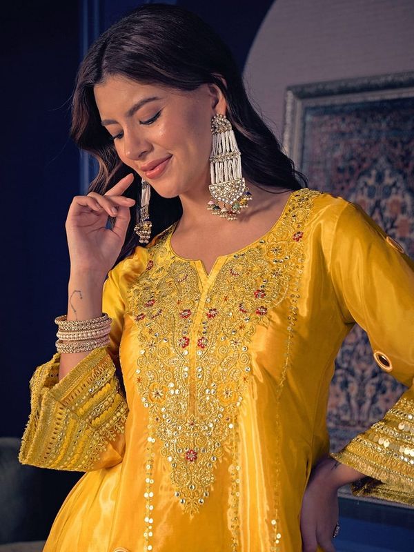 Jelina Mustard Yellow Silk Crepe Kurti Set Online