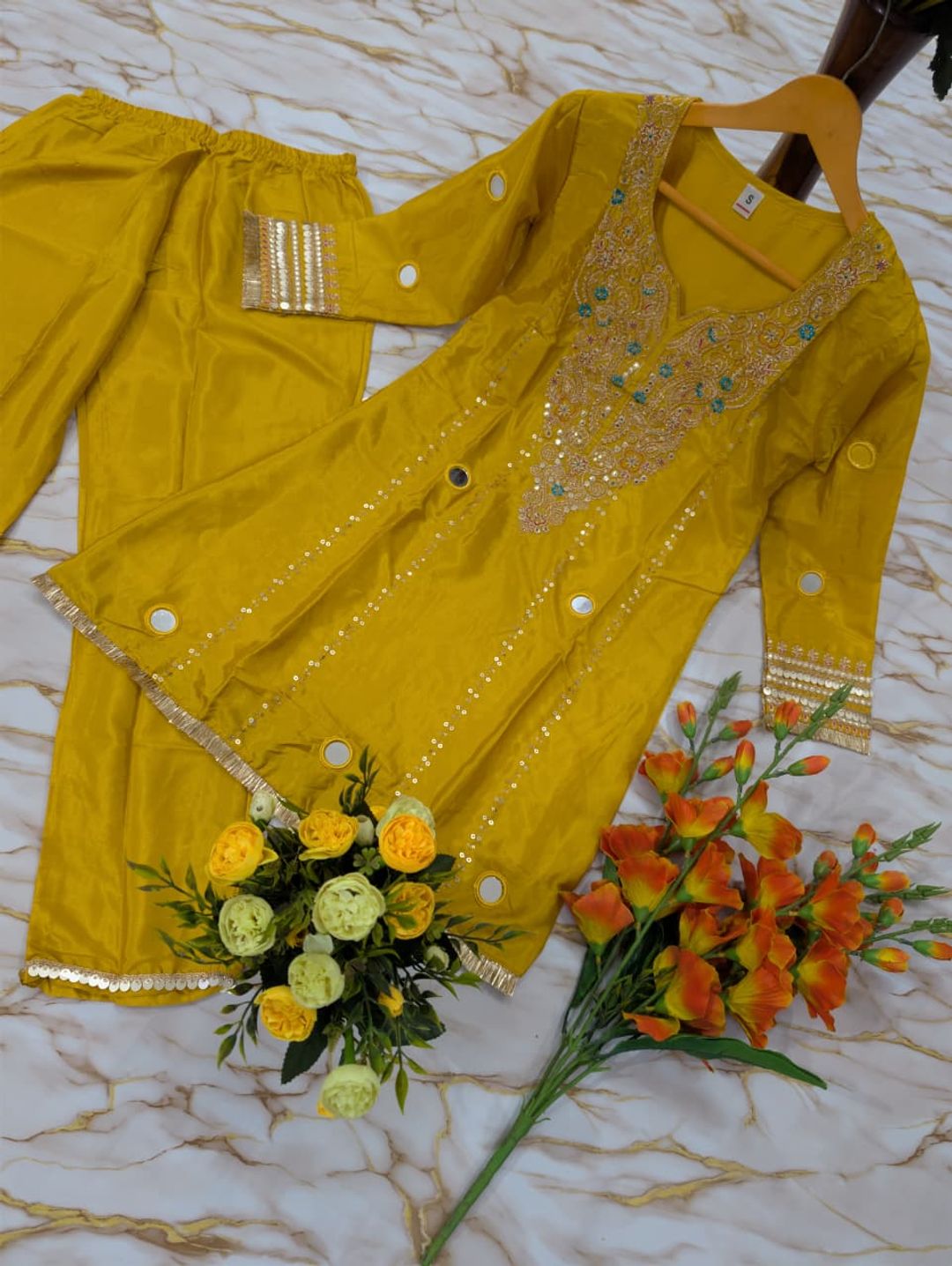 Jelina Mustard Yellow Silk Crepe Kurti Set Online