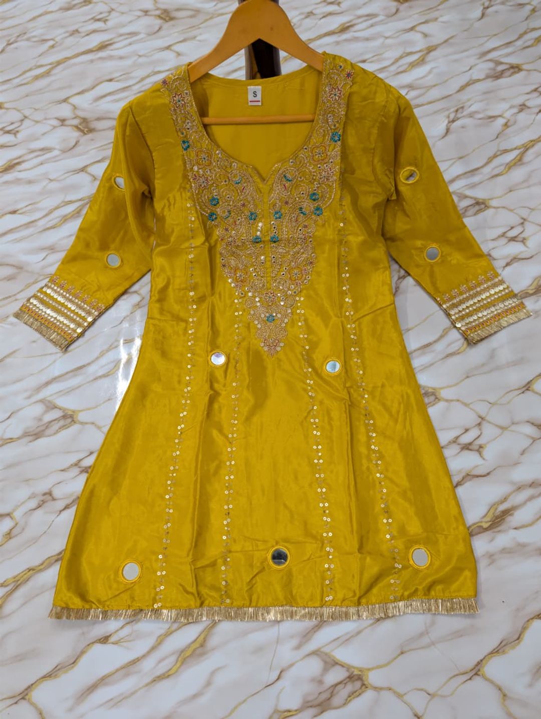 Jelina Mustard Yellow Silk Crepe Kurti Set Online