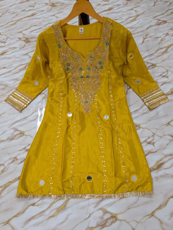 Jelina Mustard Yellow Silk Crepe Kurti Set Online
