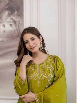 Green Vichitra Silk Embroidered Kurta Set