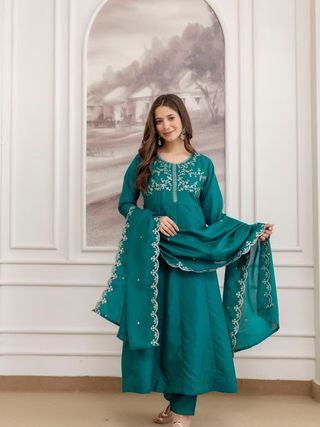 Teal Green Vichitra Silk Kurta Set Online