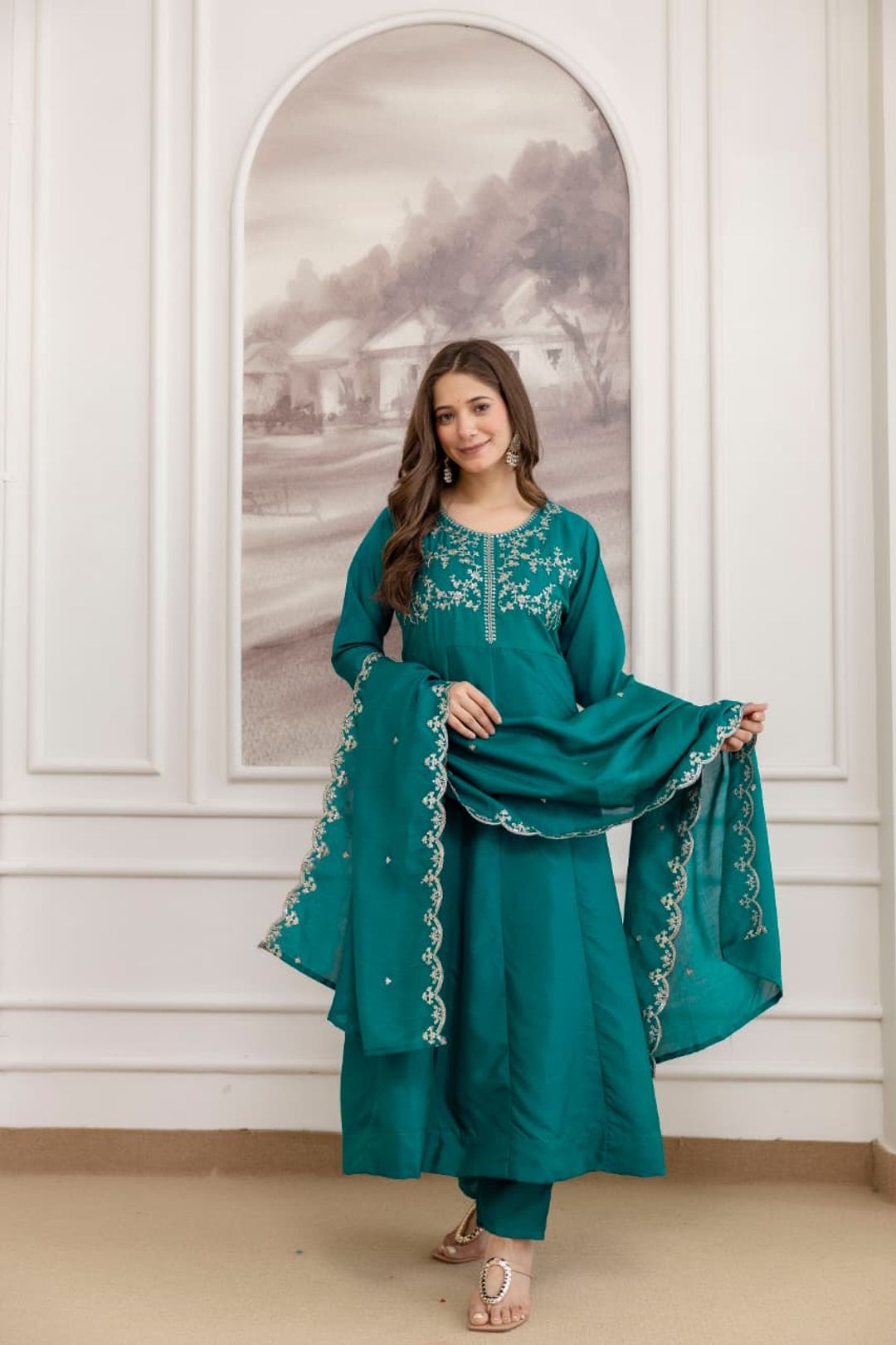 Teal Green Vichitra Silk Kurta Set Online
