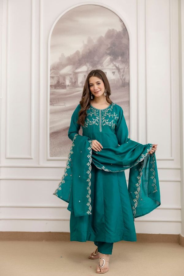 Teal Green Vichitra Silk Kurta Set Online