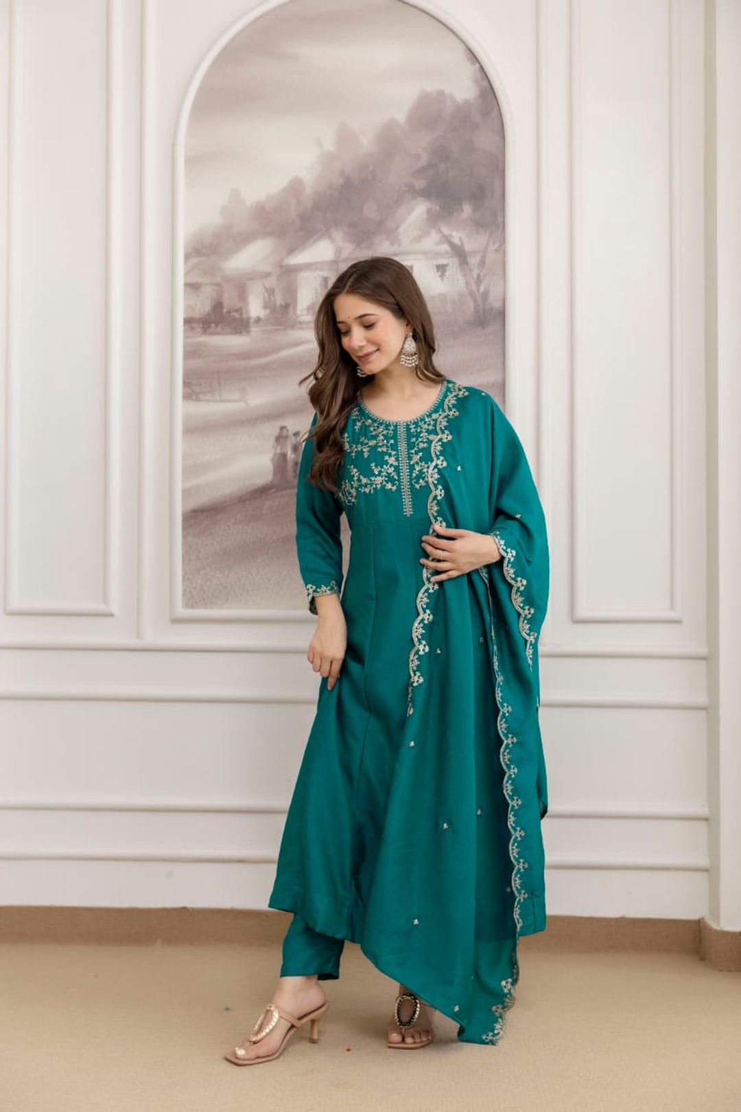 Teal Green Vichitra Silk Kurta Set Online