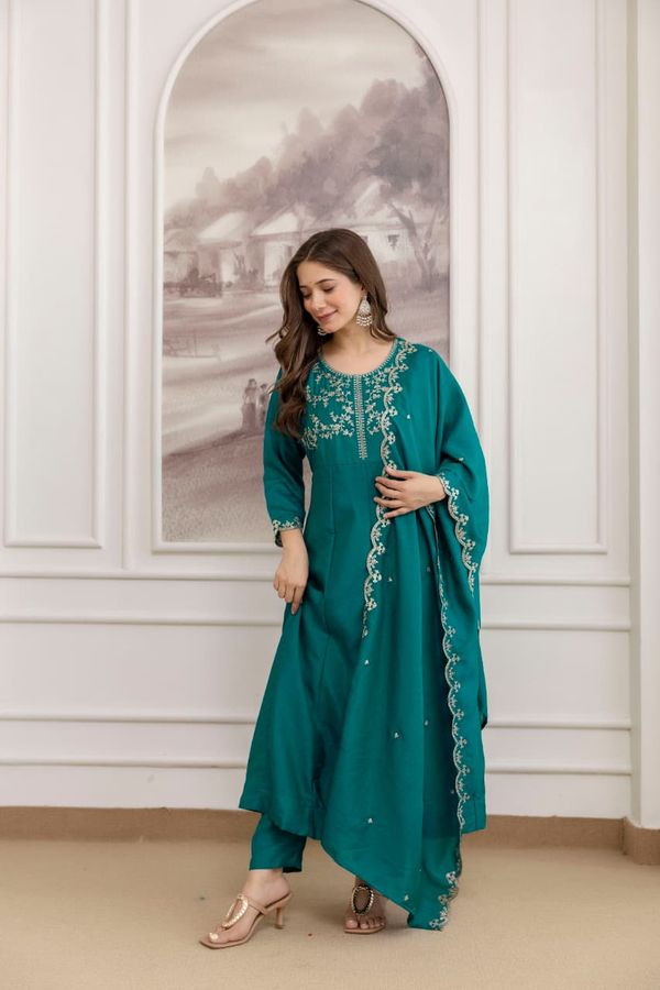 Teal Green Vichitra Silk Kurta Set Online