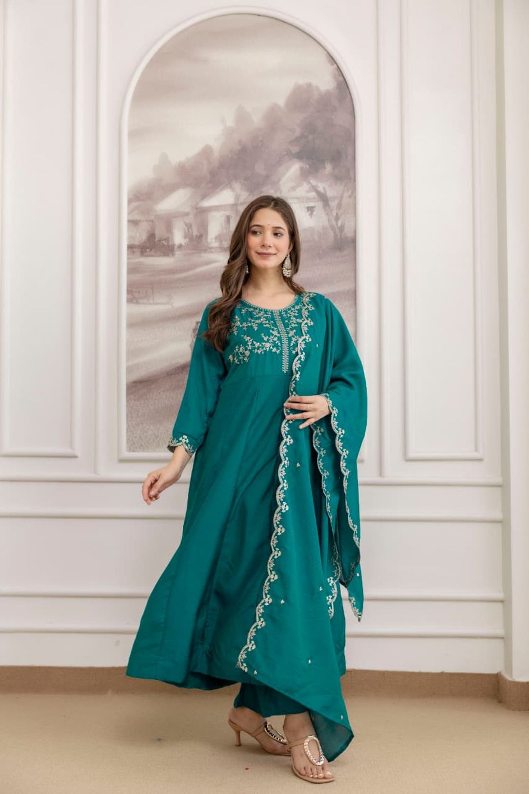 Teal Green Vichitra Silk Kurta Set Online