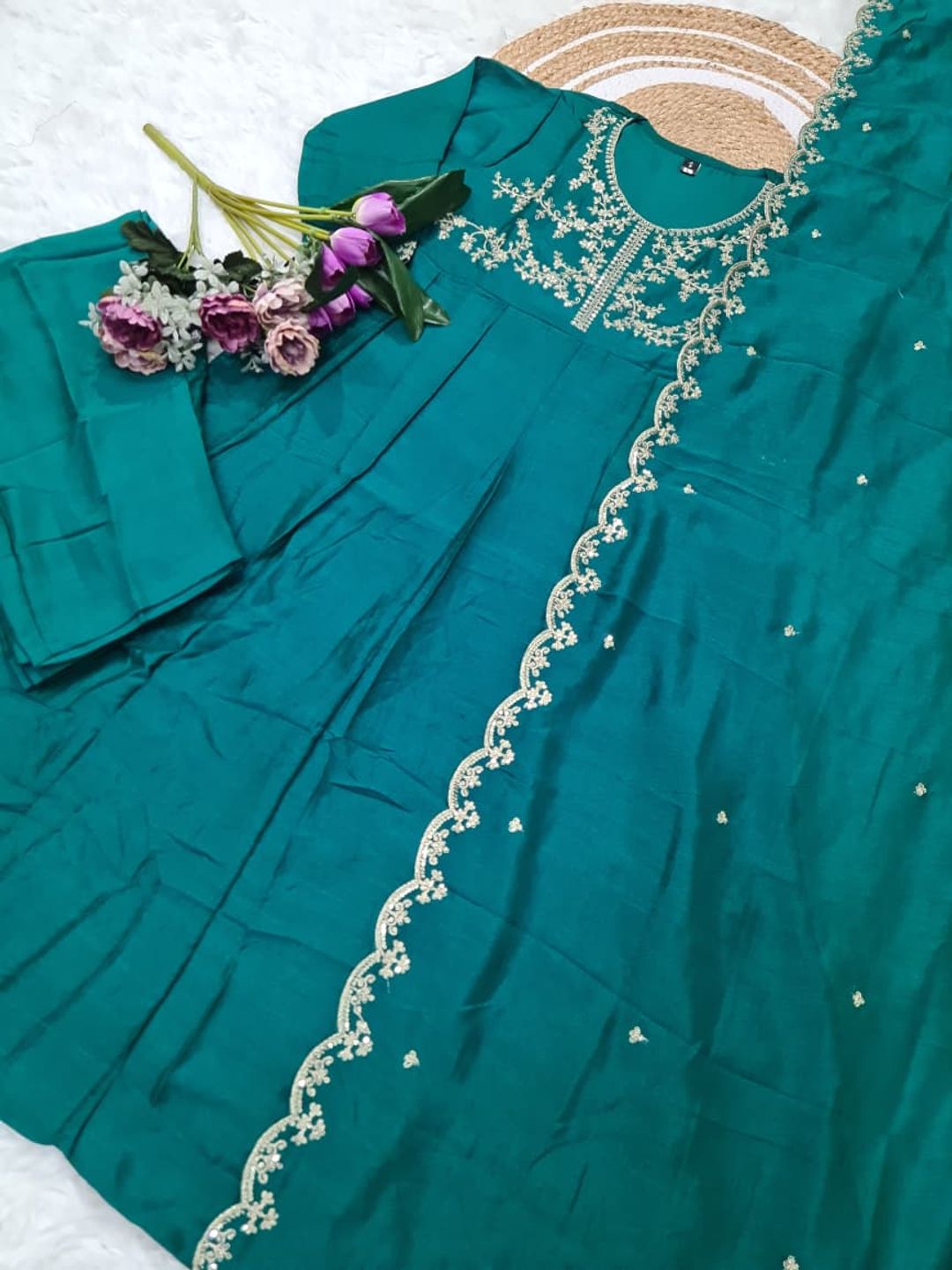 Teal Green Vichitra Silk Kurta Set Online