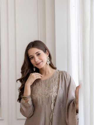 Taupe Beige Embroidered Vichitra Silk Kurta Set Online